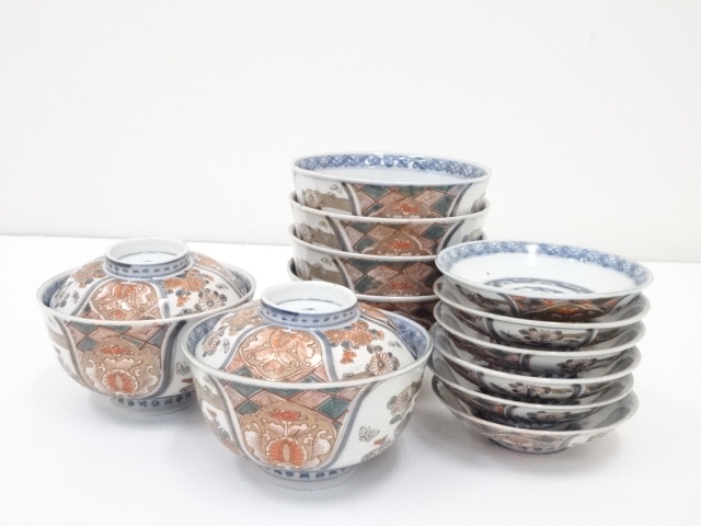 ANTIQUE JAPANESE IMARI / EDO ERA LIDDED TEA BOWL SET OF 6 / NISHIKI-DE PORCELAIN